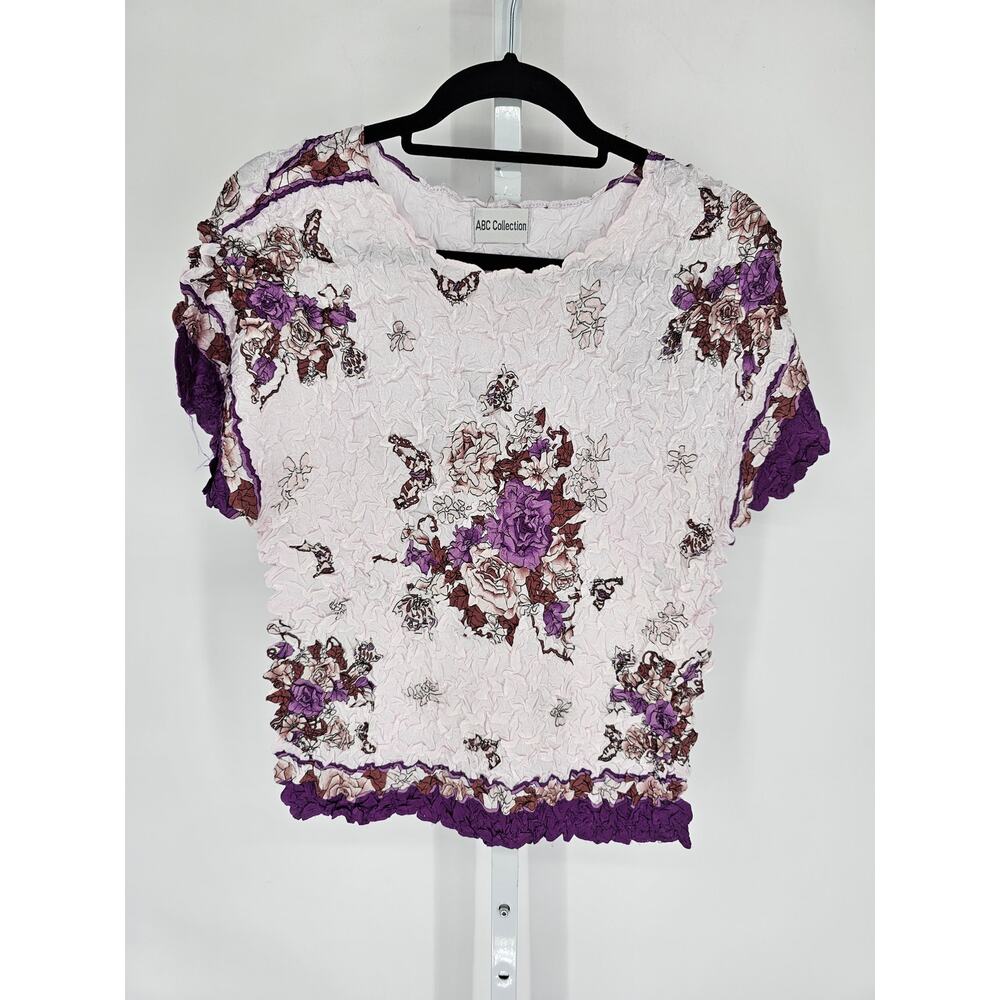 Vtg 1990s ABC Collection Womens OS Popcorn Stretchy Shirt White Purple Floral